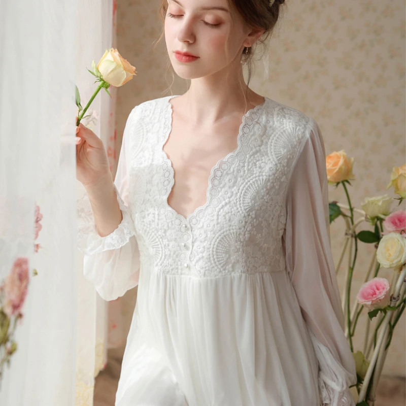 Vintage Autumn Mesh Night Dress Women Fairy V Neck Full Sleeve Nightgown Embroidery Long Nightdress Princess Sleepwear Nightwear