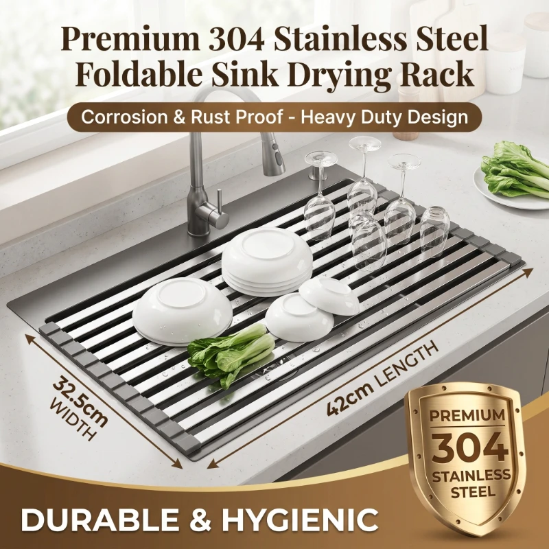 

Stainless Steel Kitchen Sink Drain Rack Tray 42X32.5cm Three-Layer Foldable Draining Rack Bowl Dish Chopstick Storage Organizer