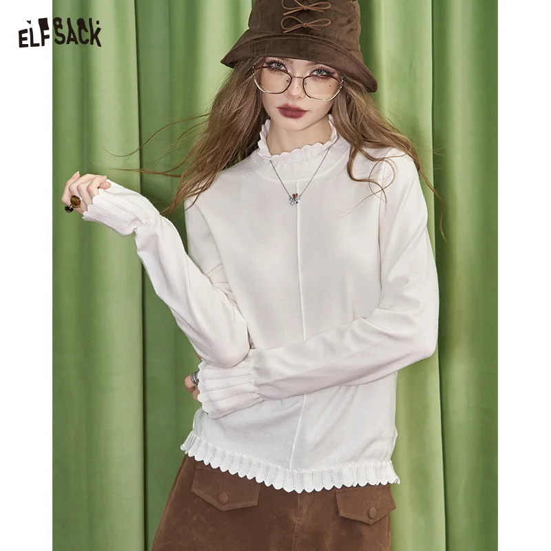 

ELFSACK 2024 Winter New Arrivals Gentle and sweet style ruffled half-high collar bottoming T-shirt soft women's sweater