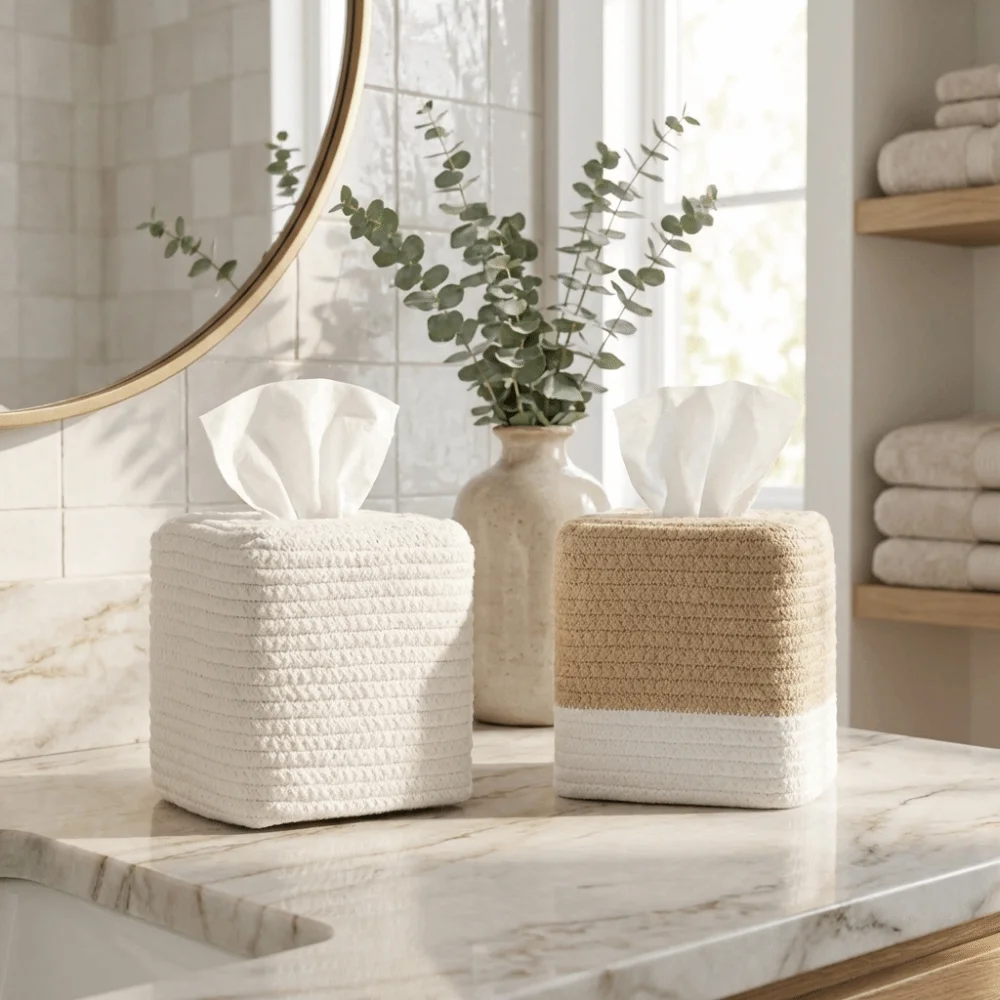 Rustic Woven Tissue Box Cotton Thread Hand-woven Minimalist Tissue Box Decorative Square Napkin Storage Box Dining Room