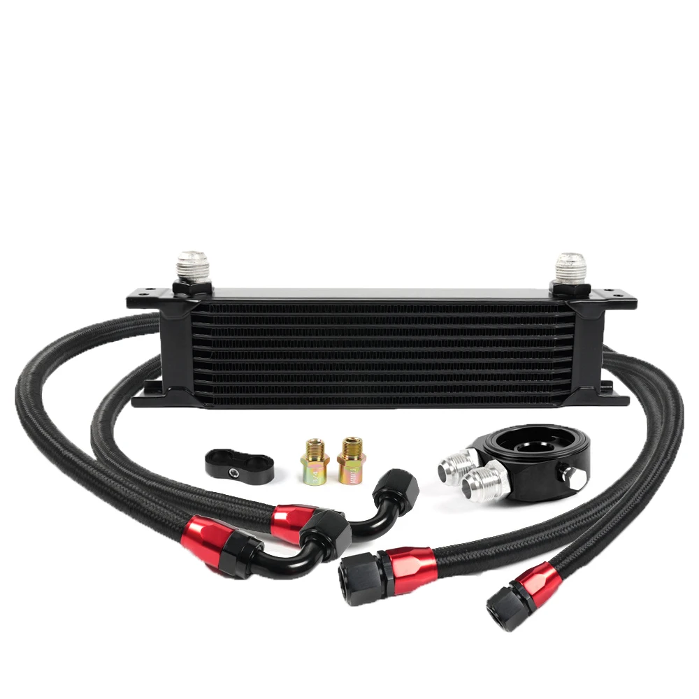10 Row Transmission Engine Racing Car Oil Cooler Core Radiator 10AN Kit Oil Filter Sandwich Adapter with Braided Stainless Hose