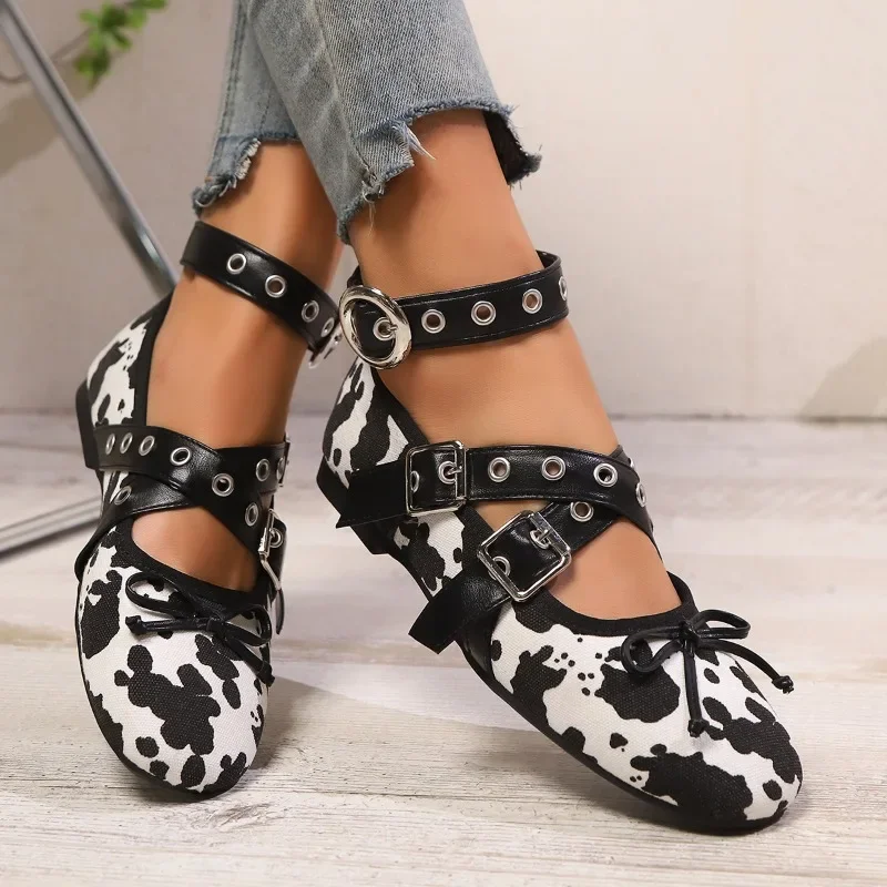 Luxury Designer Leopard Ballet Flats Women Fashion Metal Buckle Wide Strap Women Shoes Low Heel Mary Jane Shoe Zapatos De Mujer