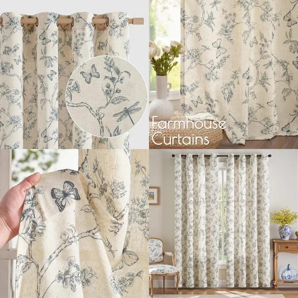 

Элегантные синие льняные шторы с цветочным принтом, 84-дюймовые, подходят для гостиных и спален, с фильтром света и винтажным шармом