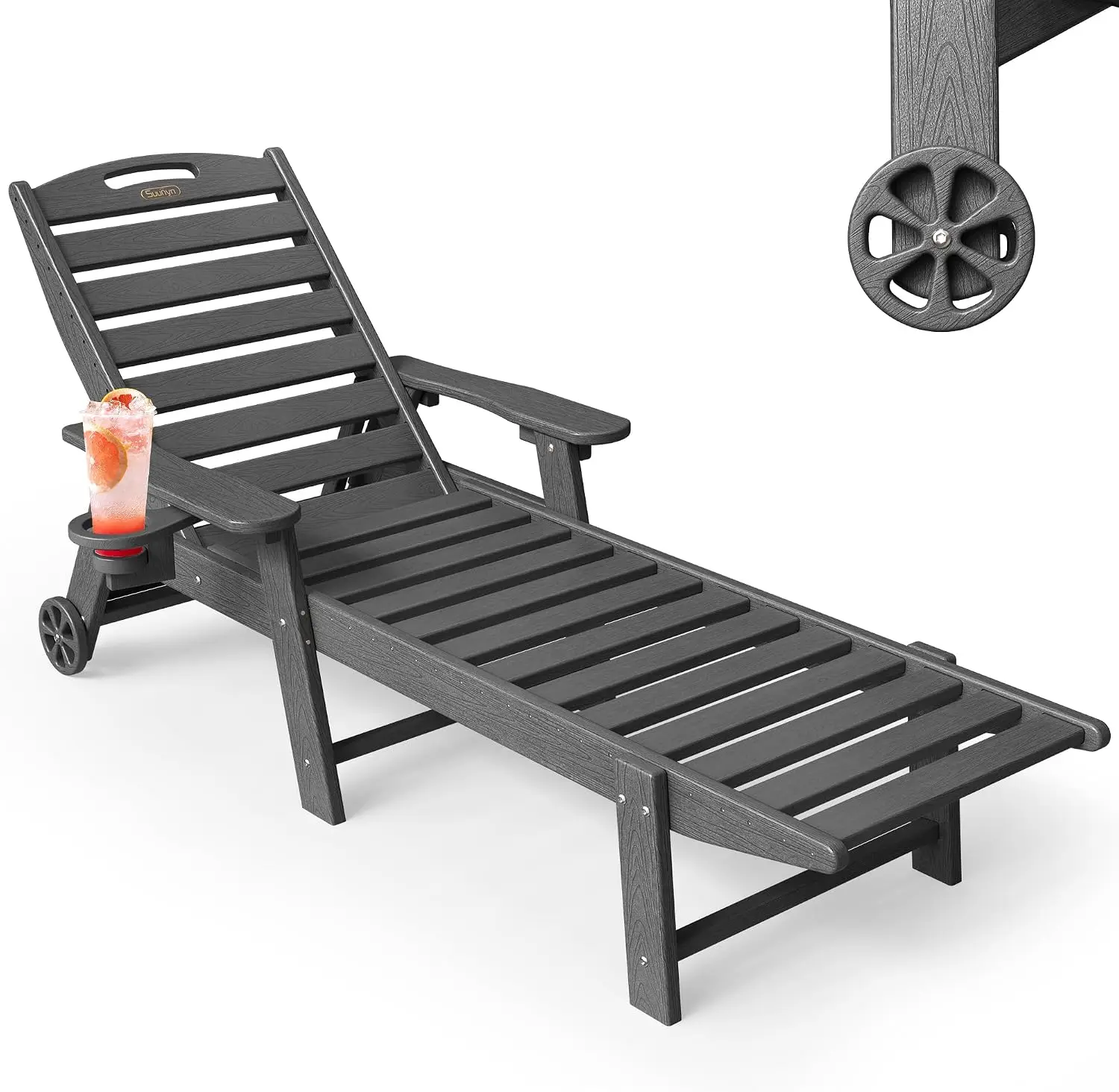 ^Chaise Lounge Outdoor, Lounge Chair Outdoor with Wood Texture, Adjustable 5-Position Backrest, HDPE Lounge Chair with Wheels