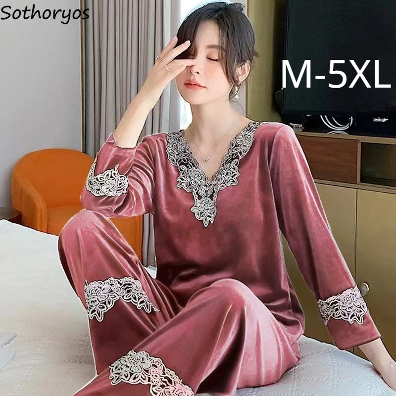 

Pajama Sets Women Pleuche Sleepwear Loose M-5XL Long Sleeve Full Length V-neck Autumn Winter Vintage Patchwork Gentle Home Pjs