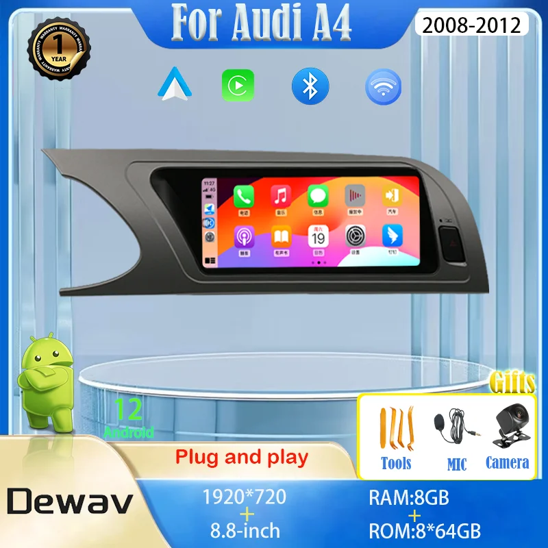 

For Audi A4 B8 A5 Android 12 Car Multimedia Player Wireless Carplay Screen Autoradio Stereo GPS Navi DSP intelligent Head Unit