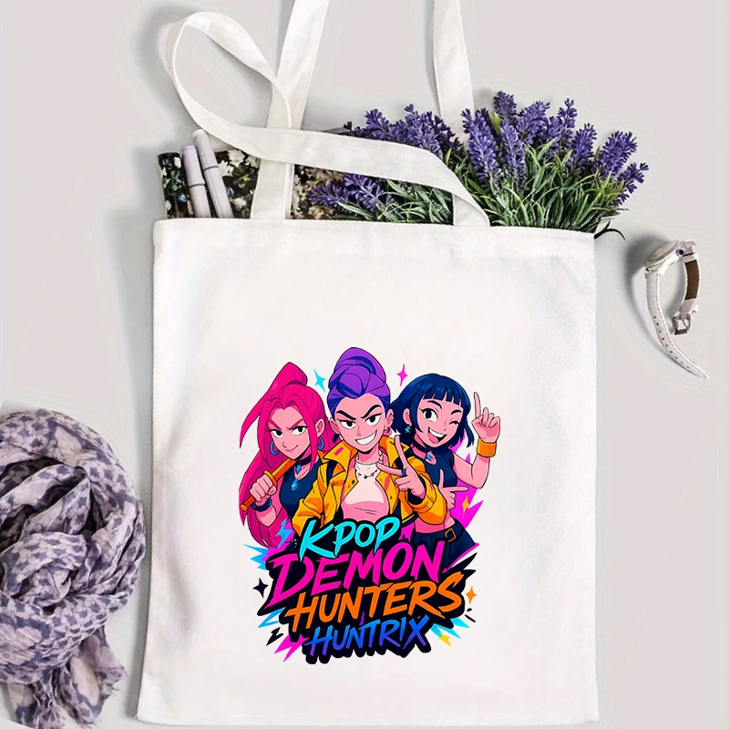 

Canvas Music Movies Print Canvas Handbag Anime Cartoon KPop Demon Hunters Harajuku Women Shopping Travel School Unisex Tote Bag