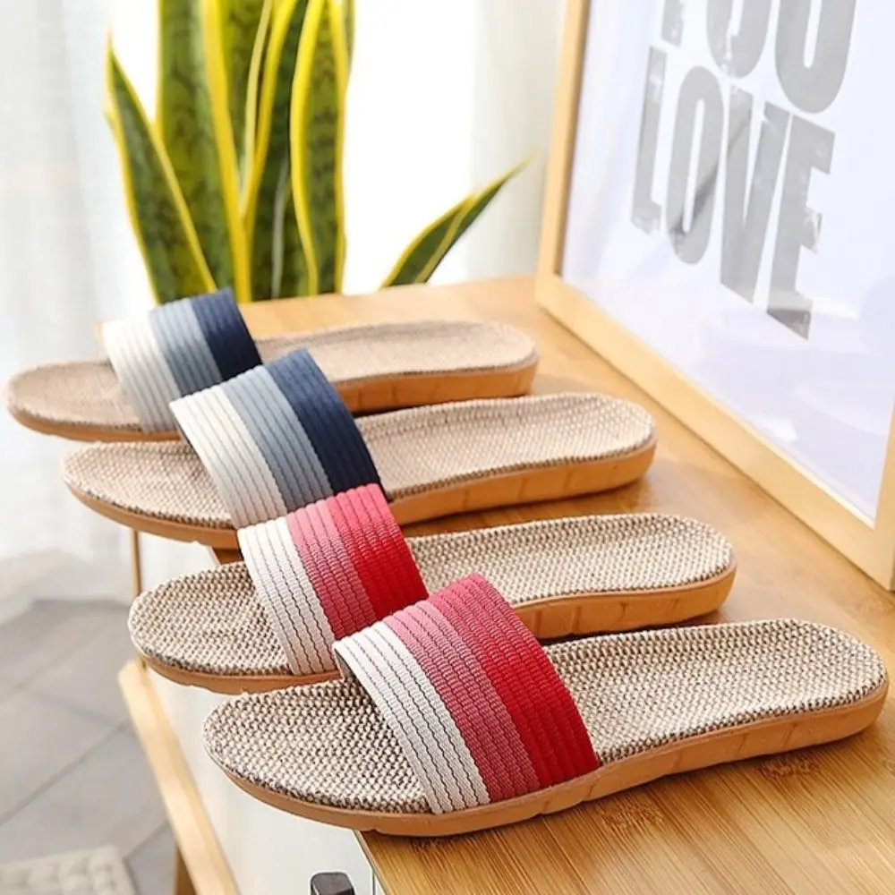 Casual Non-Slip Linen Indoor Slippers Soft Flax Men Slippers Stripe Sandals Women Slippers Home