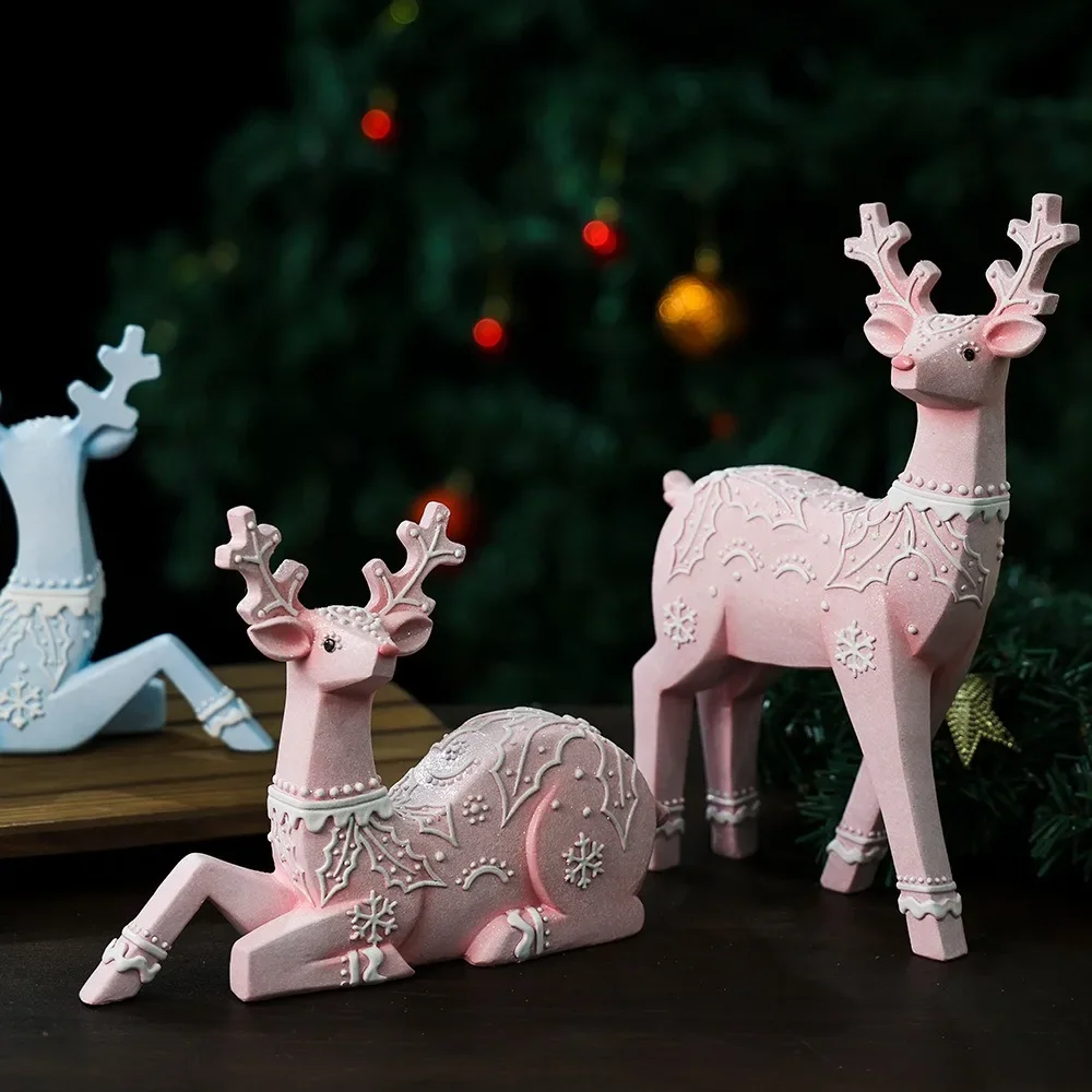 

Macaron Pink Reindeer Figurine Cute Sitting Deer Statue Wooden Nordic Style Christmas Home Decor Xmas New Year Gift for Kids