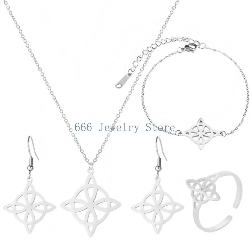 F2TD Stainless Steel Jewelry Set Witch Irish Knots Shaped Necklaces Bracelets Earrings Rings Elegant Women Accessories - view 2