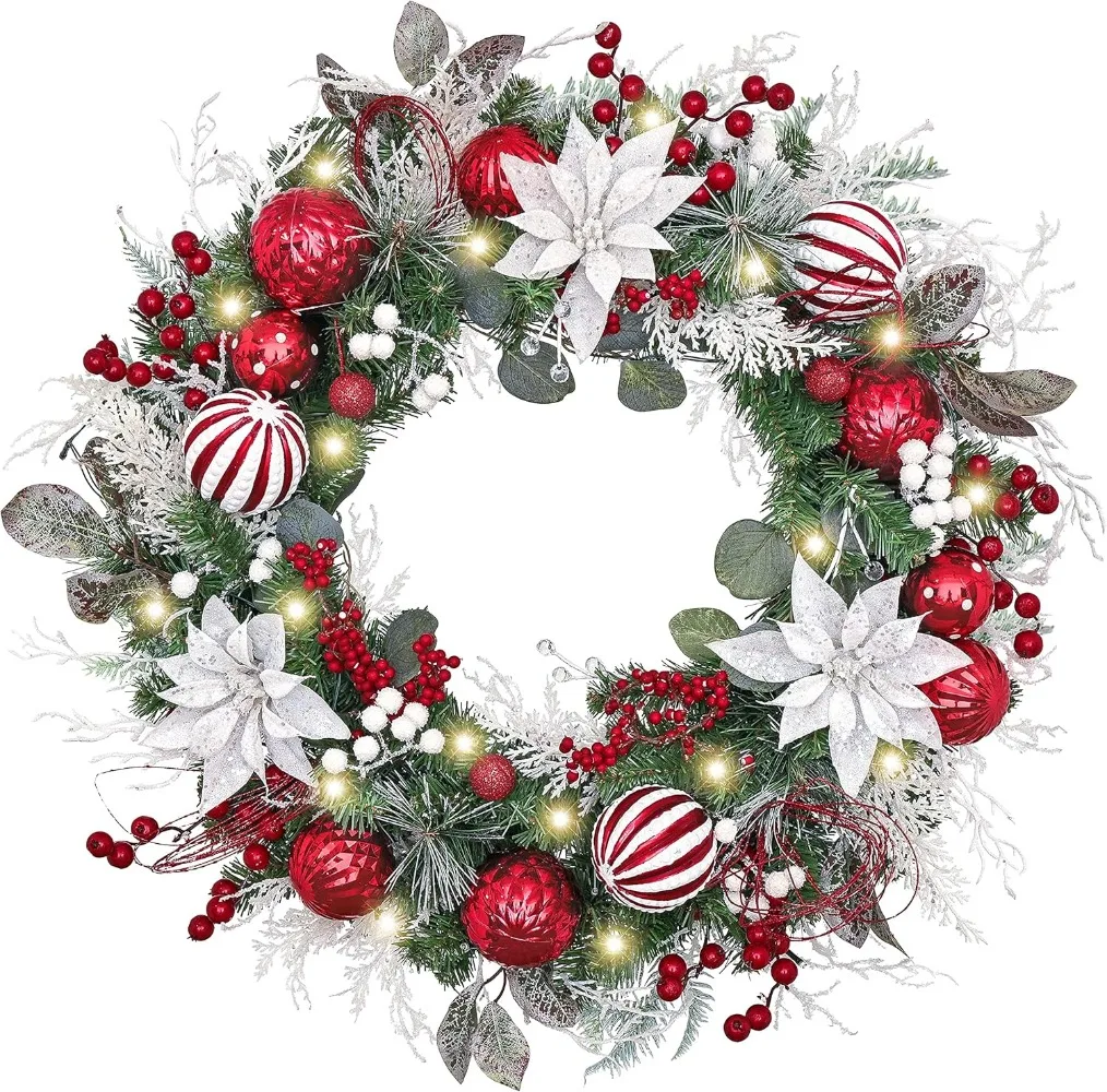 

Christmas Wreath for Front Door with Lights, Lighted Christmas Wreath with Red White Xmas Balls Flowers, Wreaths