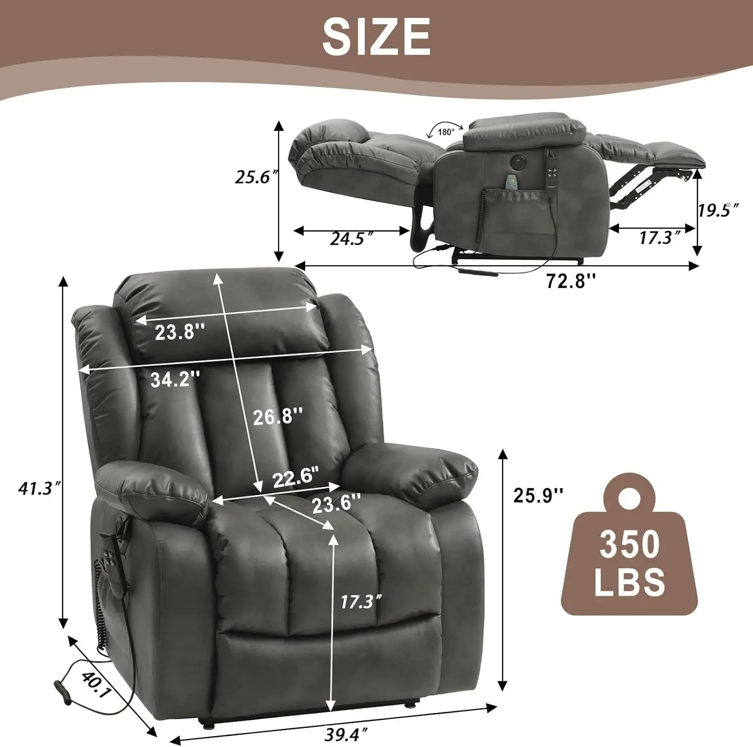 Dual Motor Lay Flat Chairs Recliners for Elderly and Heat Infinite Position Overstuffed Wide Power Lift Recliner