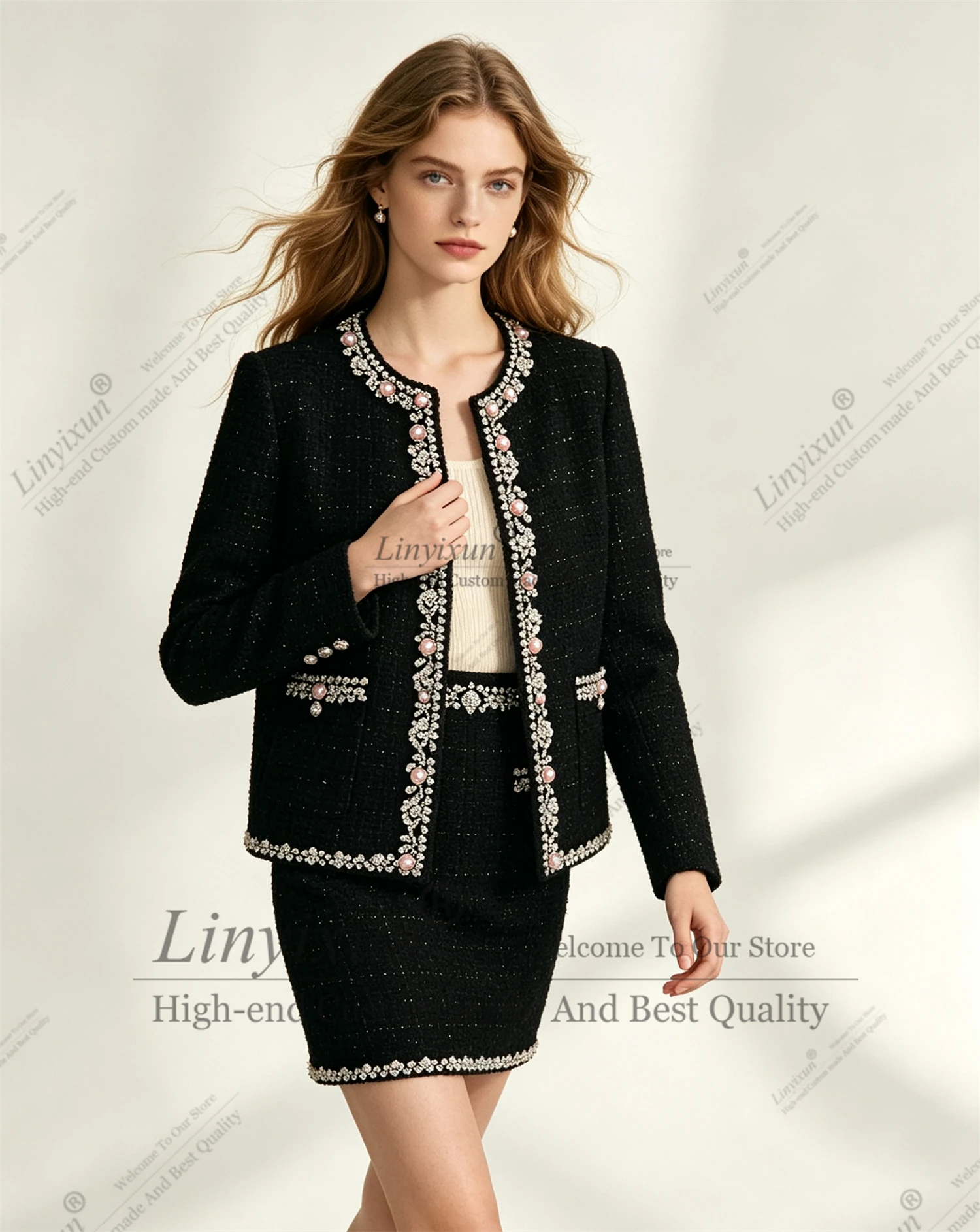 High-end Fashion Pearl Tweed Long-sleeved Jacket Cardigan Slim Elegant Skirt Sets Customized Two-piece Women Outfits