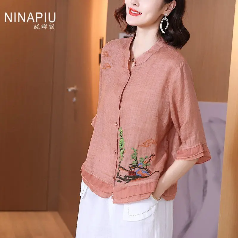 Retro Ramie Embroidered T-shirt Women Ethnic Style Summer Clothes Loose Small Stand Collar Top Chic Cardigan