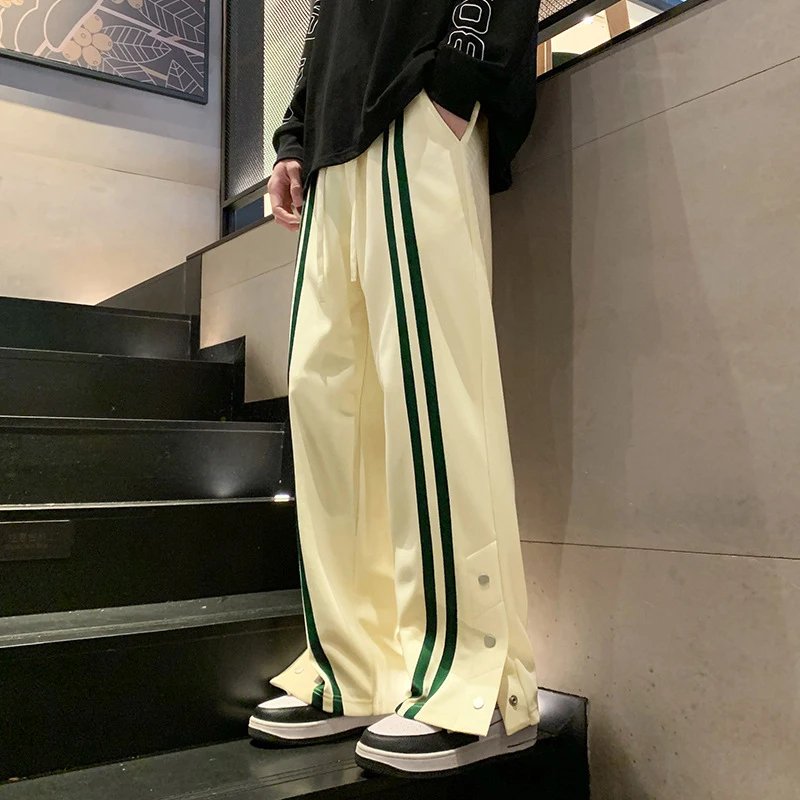 

Шикарные серые спортивные штаны с разрезом по бокам, мужские новые американские полосатые мешковатые брюки длиной до пола, мужские драпированные широкие брюки в стиле хип-хоп