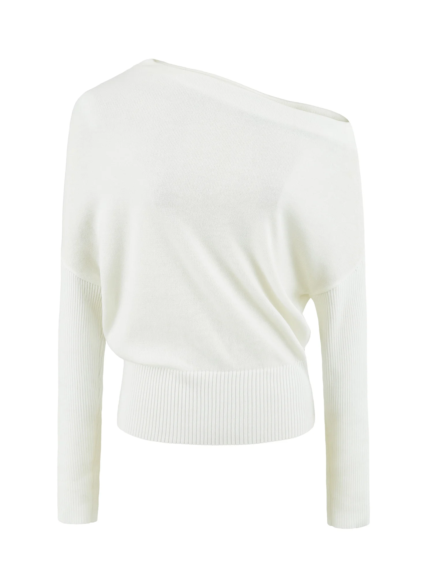 American Style Loose Fit Long Sleeve Sexy Shoulder Bared Knitted Sweater for Women in White Comfortable Slimming Lazy Style Top