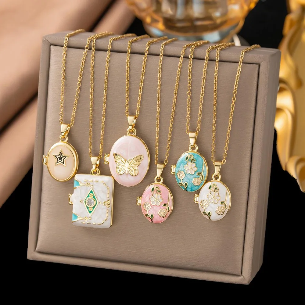 Vintage Gold Tone Stainless Steel Enamel Multi Floral Butterfly Star Openable Photo Locket Pendant Necklace for Women Jewelry