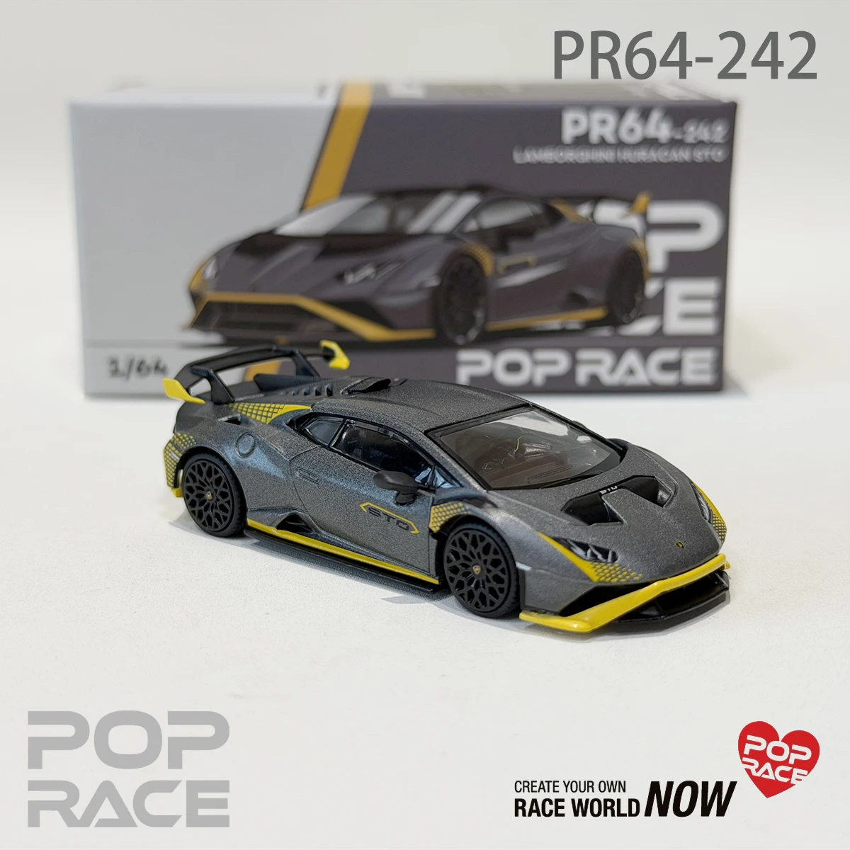 POP RACE PR640242 1:64 Huracan STO Matte Dark Grey Accent Removable Rear Engine Cover Detailed Gold Engine Diecast Model Car