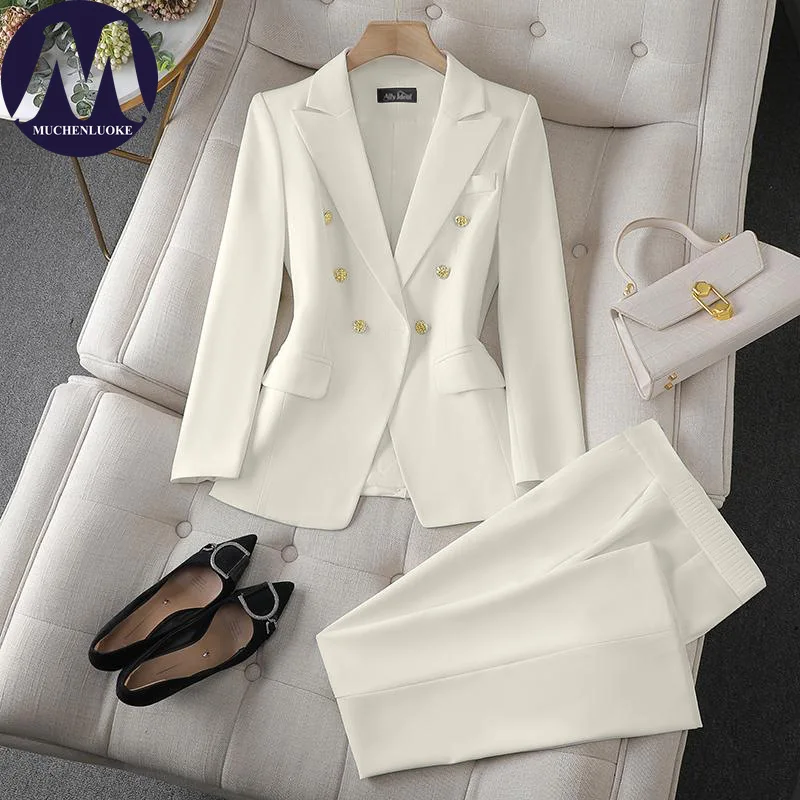 Women's Korean Fashion Two-Piece Set Long Sleeve Blazer And Wide Leg Pants Office Casual Loose Fit Spring Autumn Suits