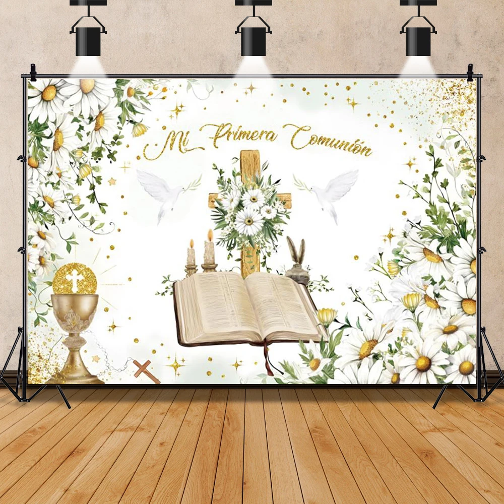 

God Bless Baptism Backdrop Boy Girls First Communion Newborn Christening White Floral Gold Glitter Grail Photography Background