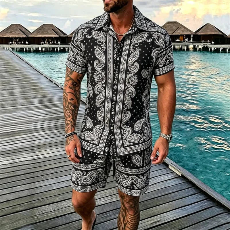 Ensemble deux pièces rétro exotique style Paisley pour les vacances, chemise à manches courtes et short, idéal pour les voyages d'été et le quotidien