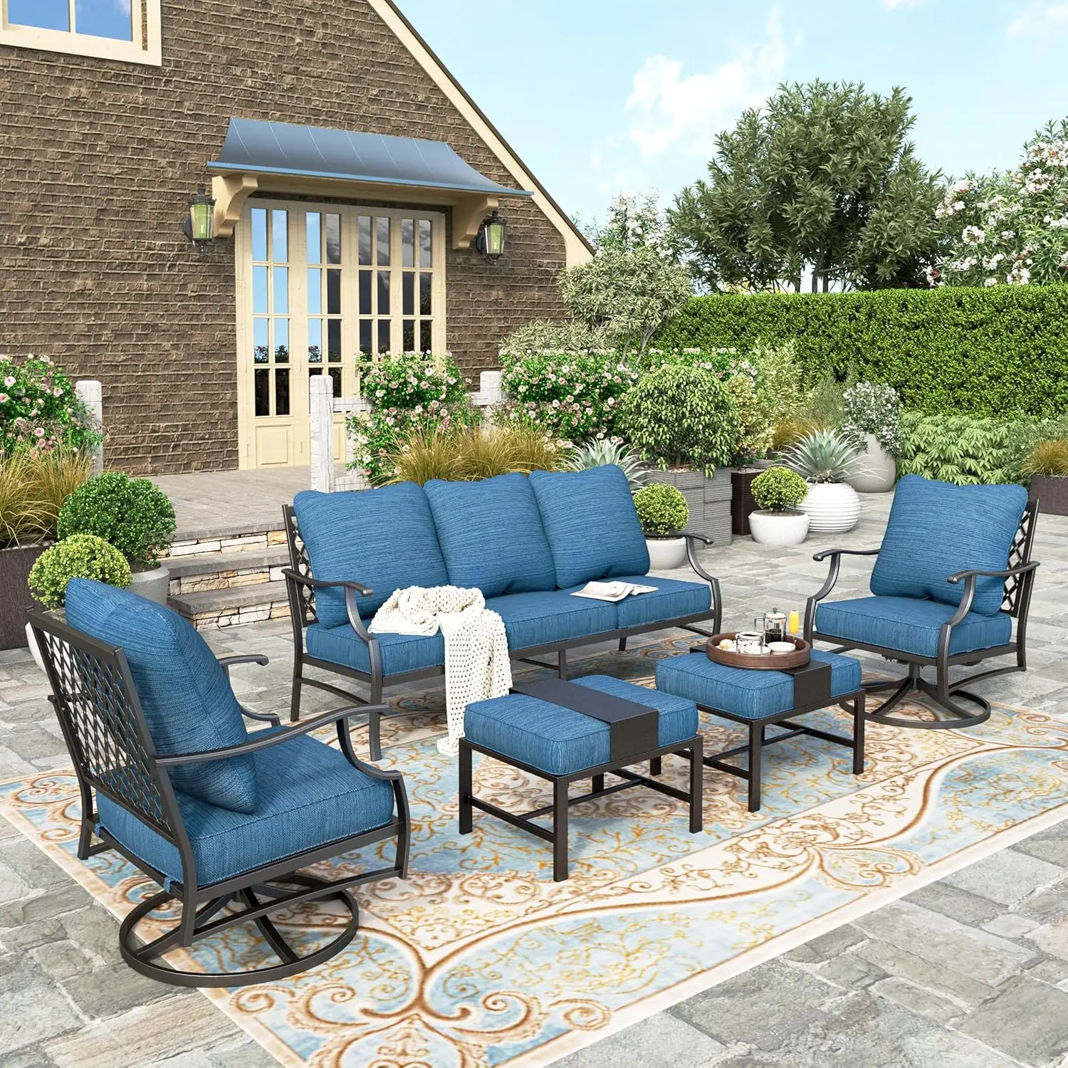 7 Piece Patio Furniture Set, 2 * Swivel Chair, 2 x Fixed Chair, 2 * Ottoman, 1 x 3-Seat Sofa, All Cushioned Outdoor USA