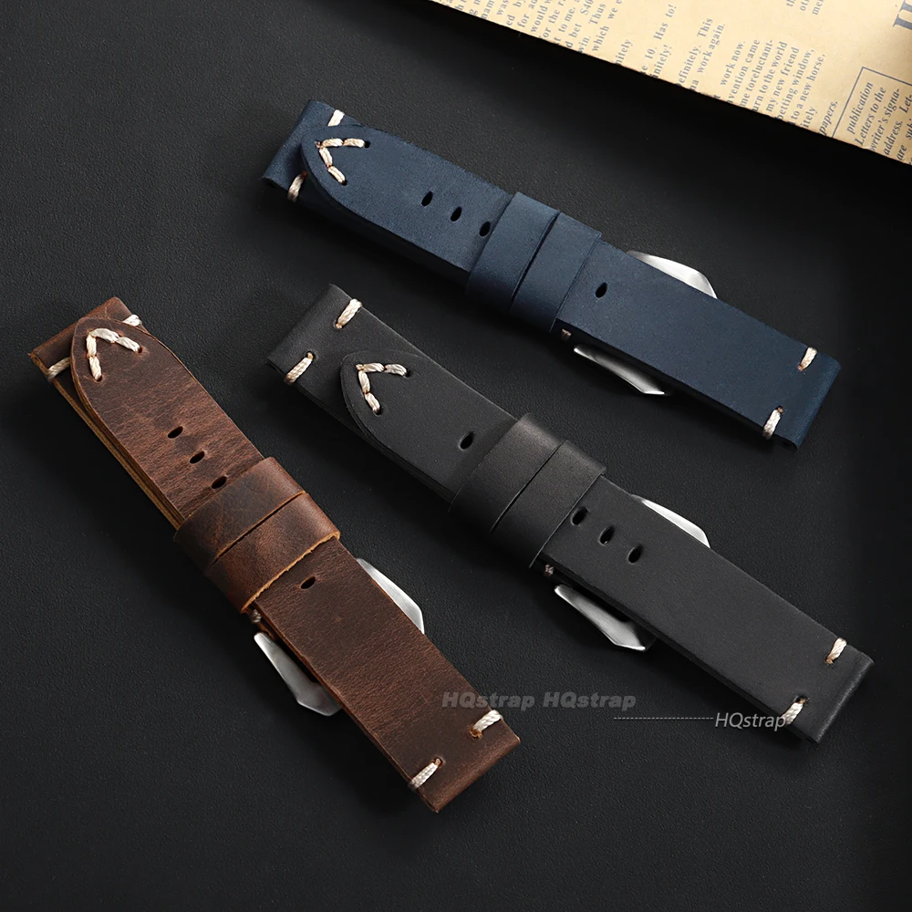 Handmade Cowhide Leather Watchband 18mm 20mm 22mm 24mm 26mm Vintage Brown Stitching Strap for Panerai PAM111 441 Men's Bracelet