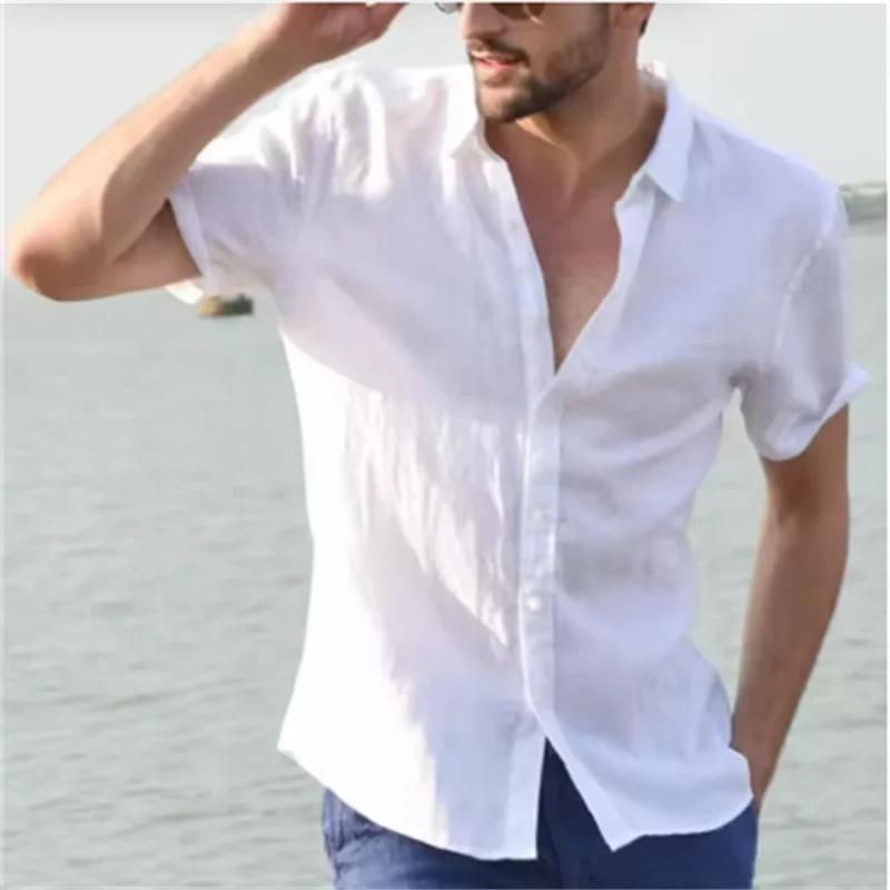 

Men's casual short-sleeved shirt street fashion lapel button solid color bamboo linen shirt men's retro vacation shirt beach top