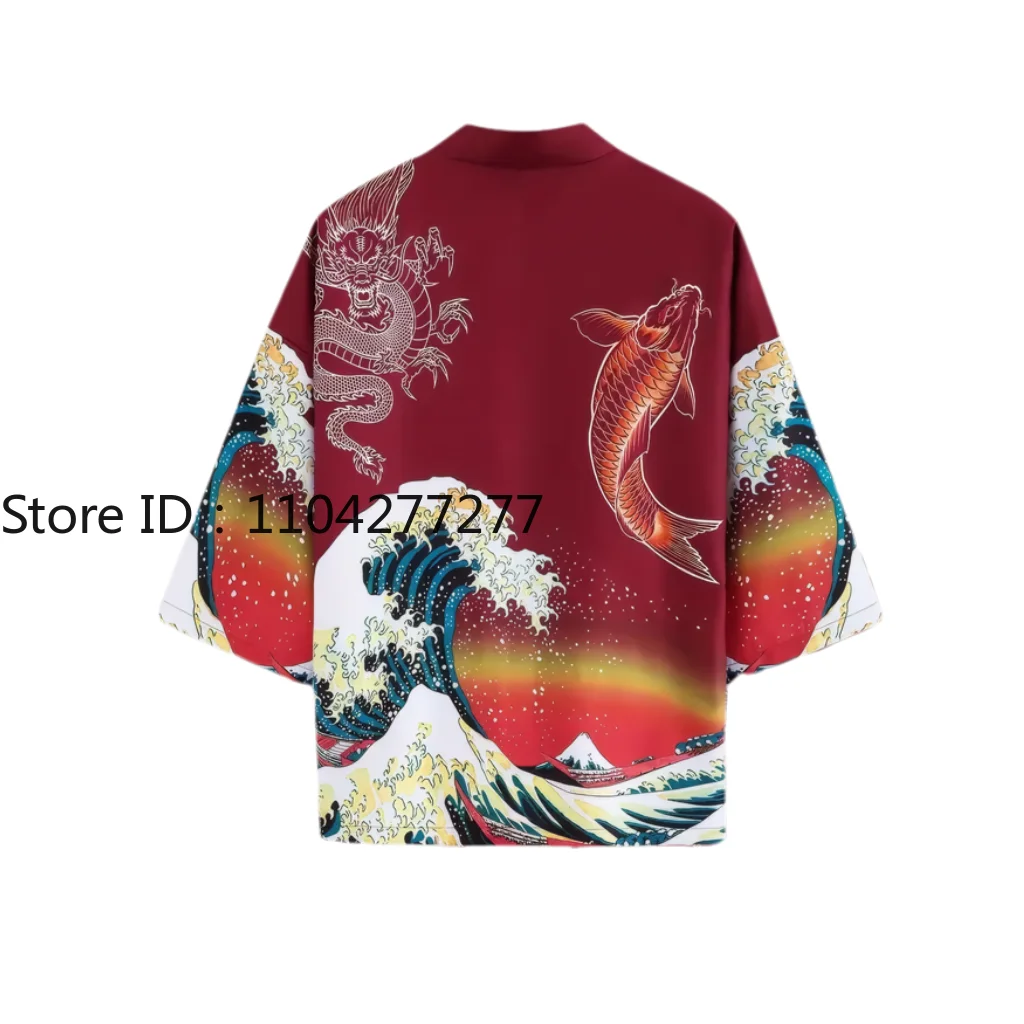 سترة كيمونو بنمط سمك الشبوط الصيفية للرجال والنساء ملابس Ukiyo-e Haori اليابانية برسومات التنين المطبوعة ملابس الشاطئ الحمراء