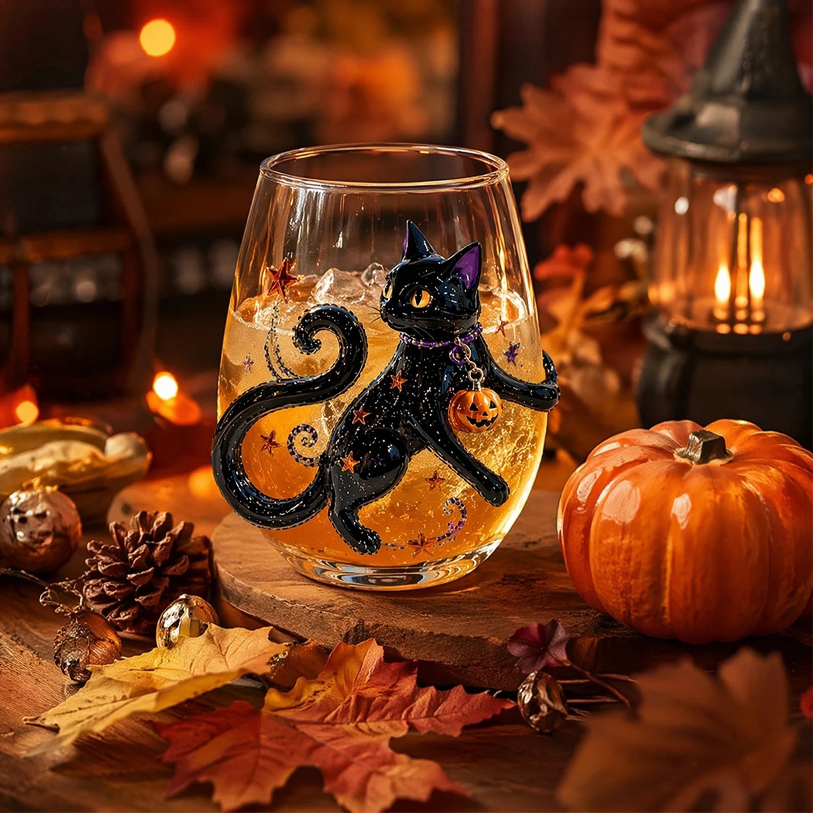 ​3D Halloween Artisan Glassware Hand-Painted Glass Cups with Ghost/Pumpkin/Spider/Black Cat Designs Premium Glass for Party