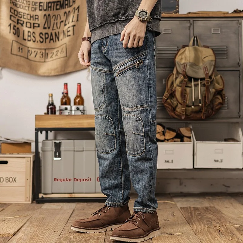 

Мужские джинсы из синего денима, повседневные, в стиле ретро, прямого кроя, мотоциклетные, со средней посадкой, длинные брюки, американский стиль, модные, с нашивками, в стиле рабочей одежды