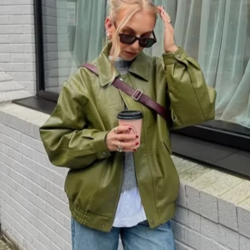 

Fashion Green Leather PU Jacket Women Loose Laple Zipper Long Sleeve Single Breasted Pocket Coat 2025 Autumn New Lady Streetwear