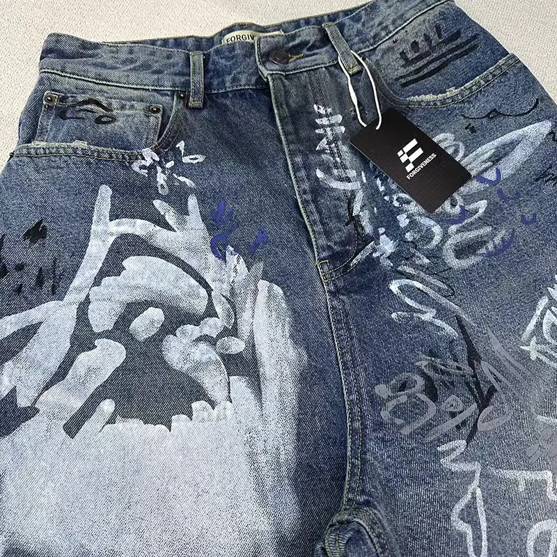 Hand-painted cattle king graffiti jeans