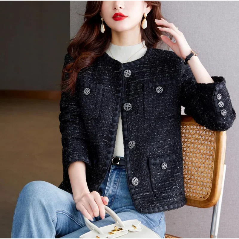 Woman Elegant Office Jacket French Vintage Autumn Winter High Quality Korea Chic Tweed Small Fragrance Shiner Women Short Coat