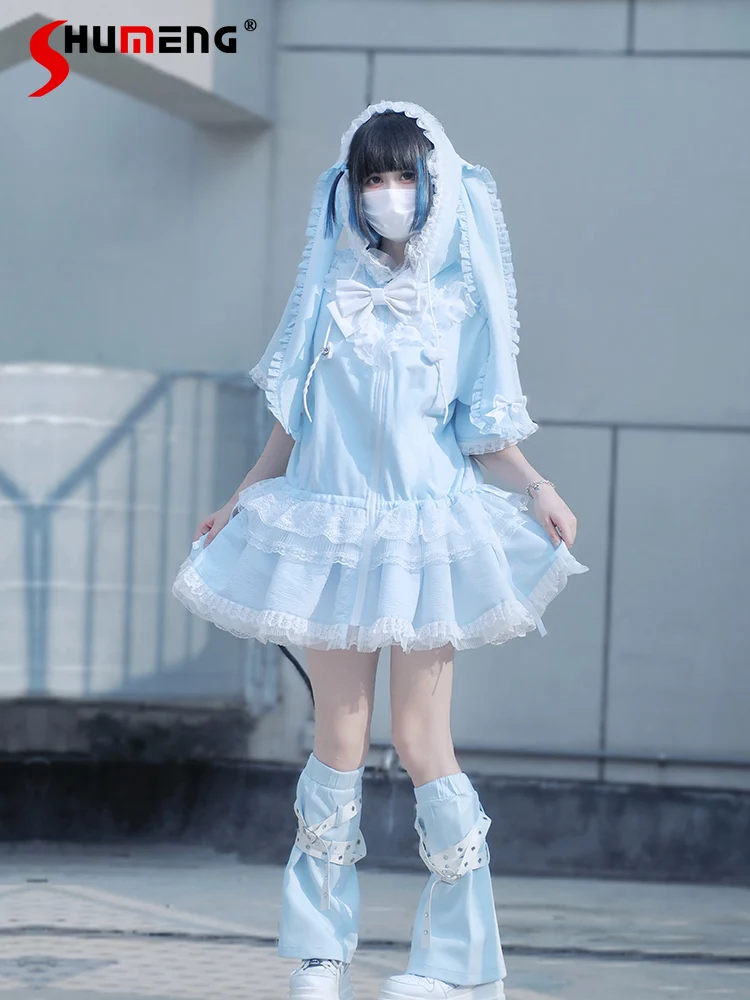 

Japanese Style Mine Subculture Rabbit Ear Hooded Lolita Dress for Women Bow Lace Splicing Detachable Long Sleeves Dress Autumn