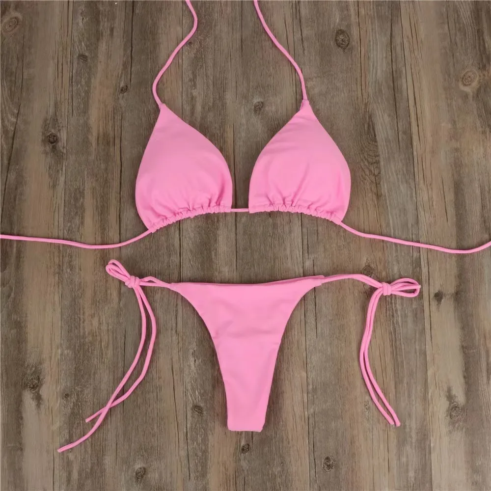 Maillot de bain deux pièces pour femmes, bikini d'été solide, col licou, sangle, culotte tanga, côté droit, string, vêtements de plage, 2024