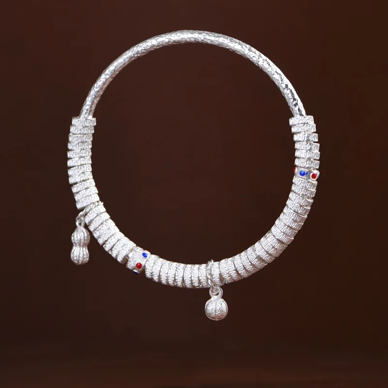 

58-60MM Diameter 999 Fine Silver Movable Circles Beading Bangles for Women Knocking Beads Bangle Novel Lotus Peanut Walnut Charm