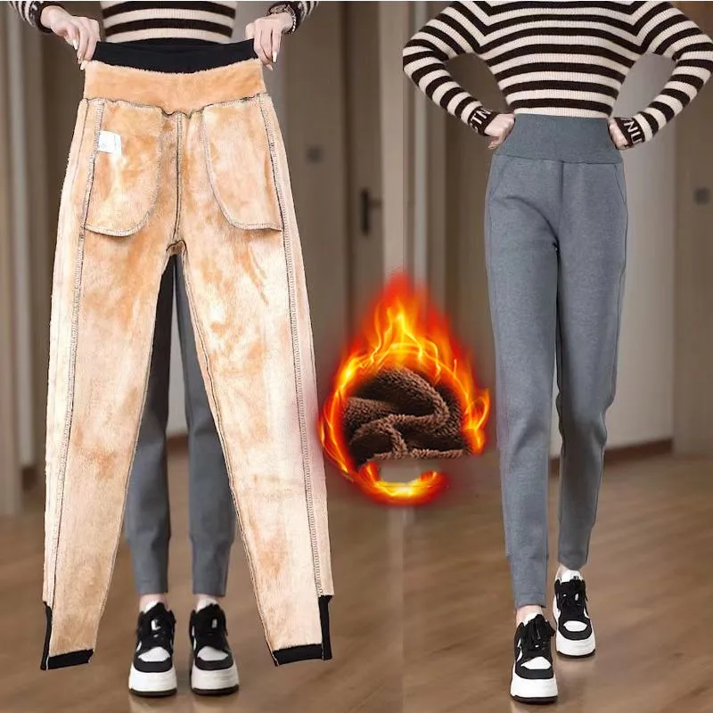 

Women's Autumn Winter Drawstring Pockets Flocking Elastic High Waist Solid Casual Sports Haren Loose Trousers Fashion Pants