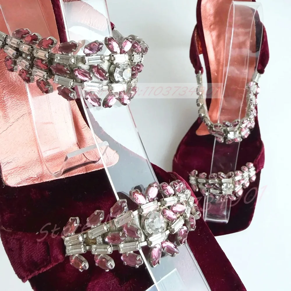 Pink Crystal Claret Velvet Heeled Mules Women Elegant Square Toe Front Strap Mules Feminine Dress Thin Heel Slippers