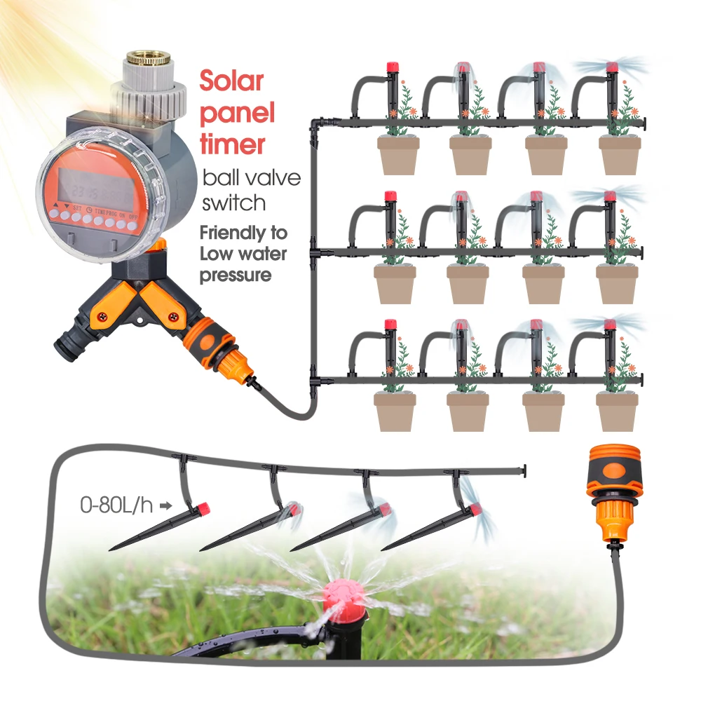 Solar Automatic Garden Watering System 1/4'' Irrigation Programmable Hose Sprinkler Timer Digital Controller Ball Valve Outdoor