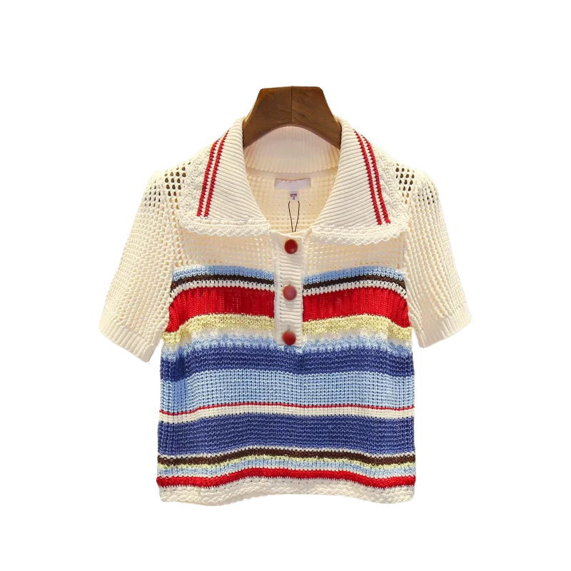 

High-End Women's Knitted Top Hollow out Rainbow Stripes Summer Faion Ele Sle Long Sve Low Collar Single Button
