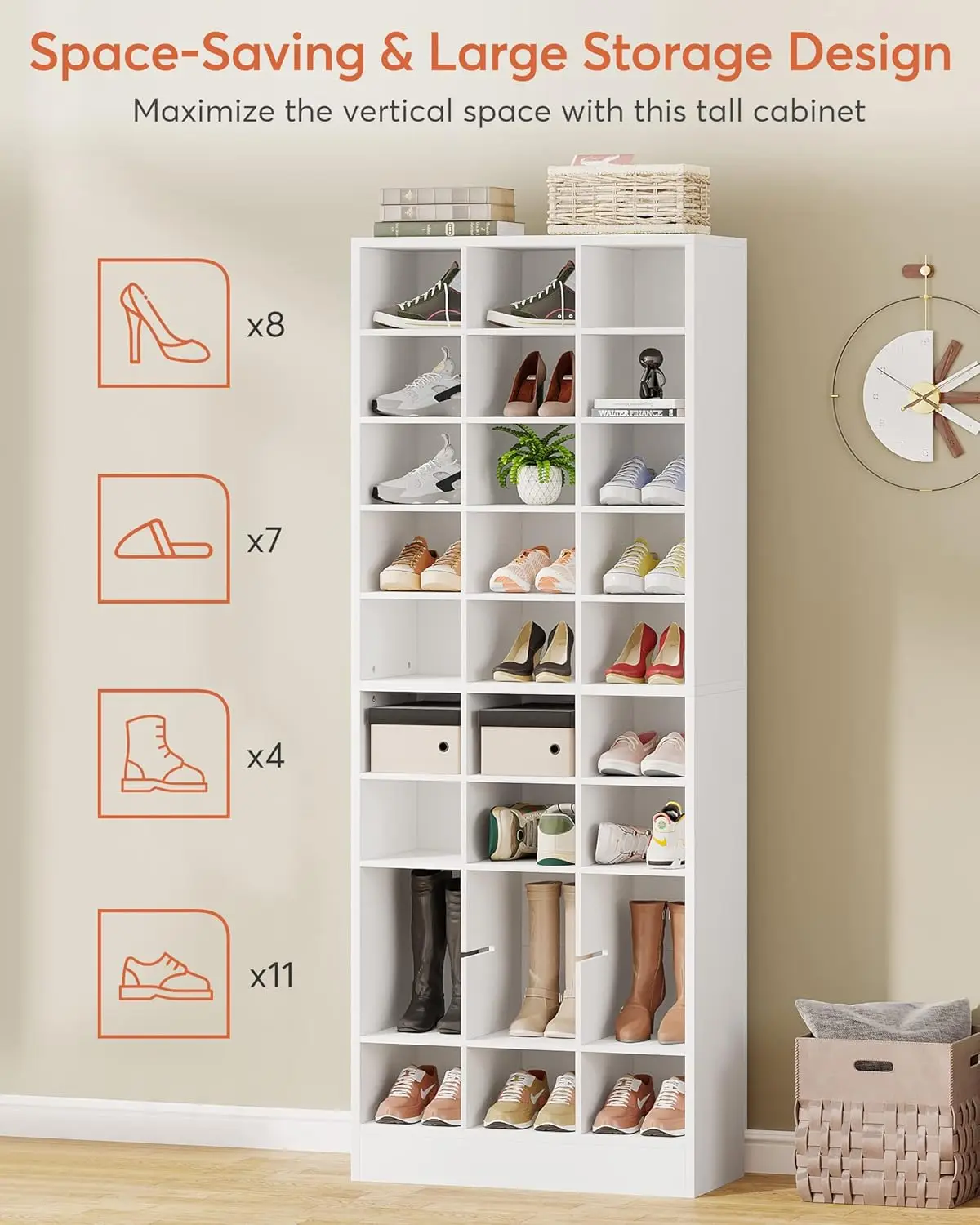 Armoire de rangement pour chaussures à 10 niveaux, meuble à chaussures en bois blanc T1 avec 30 cubies, chaussures d'entrée hautes autoportantes