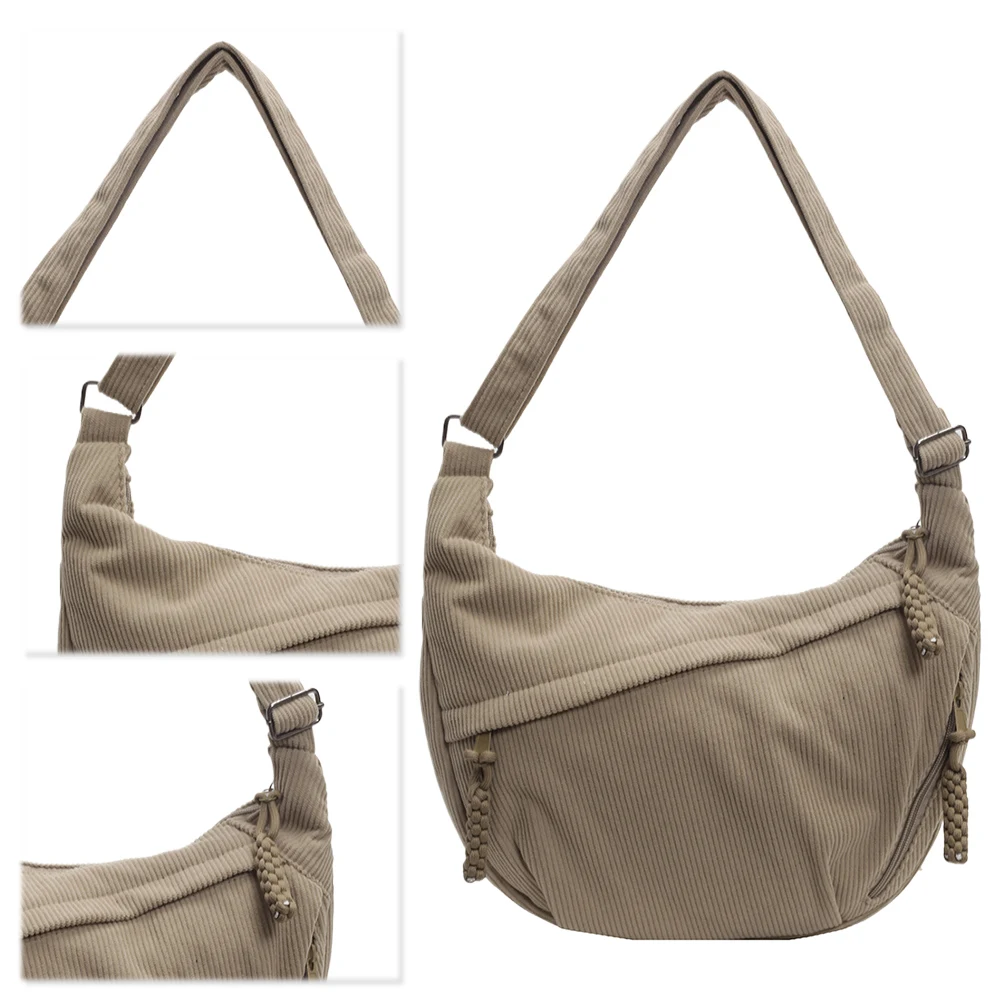 Corduroy Halve Maan Tas Effen Kleur Vrouwen Crossbody Tas Rits Handtas Met Zakken Alledaagse Sling Tas Voor Schoolreizen Werk