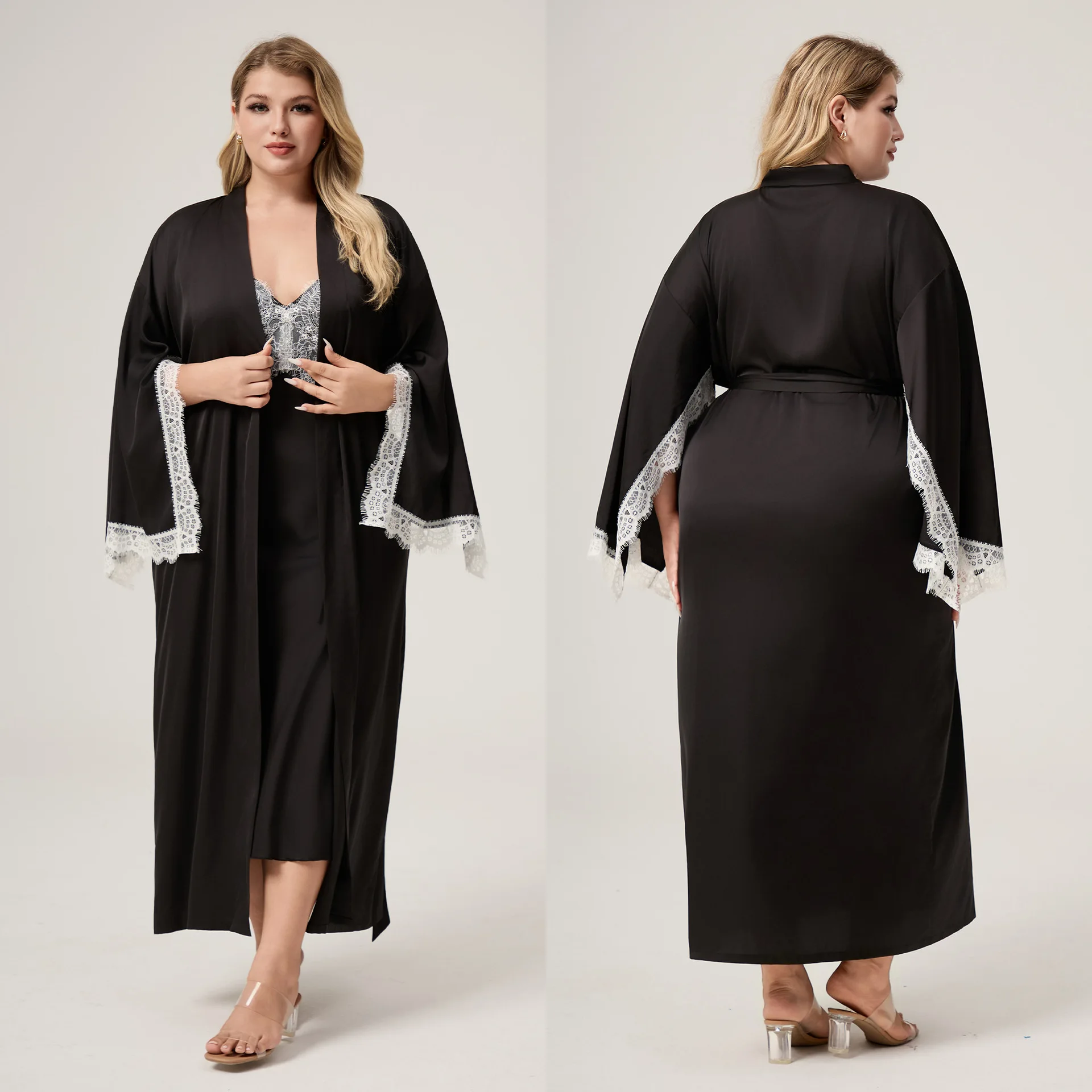 

Black Split Long Sleeve Robe Silk Satin Female Sleepwear Summer Loose Kimono Bathrobe Home Wear
