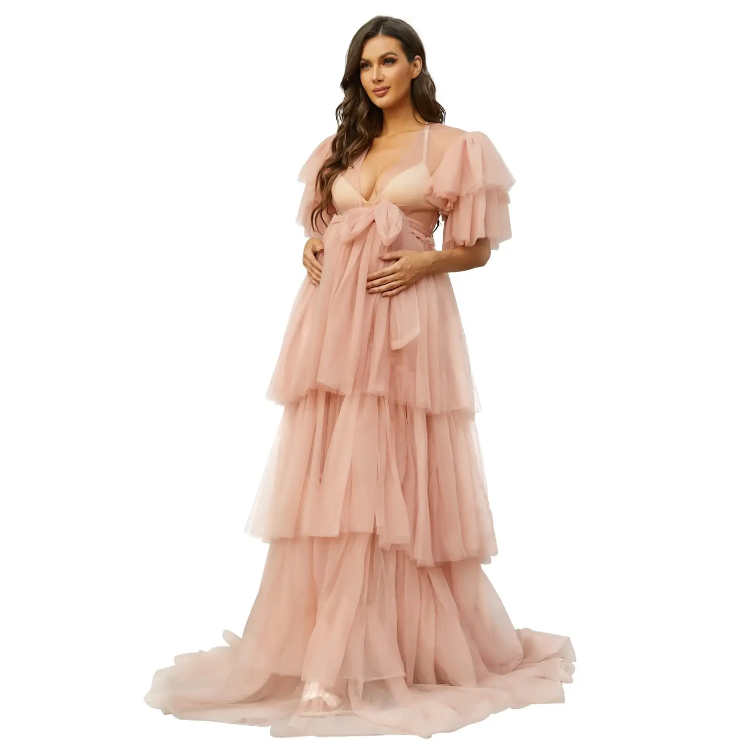 

Ruffle Evening Dresses Tulle Robe for Women Photoshoot Long Maternity Dress with Belt Puffy Boudoir Dressing Gown for Babyshower