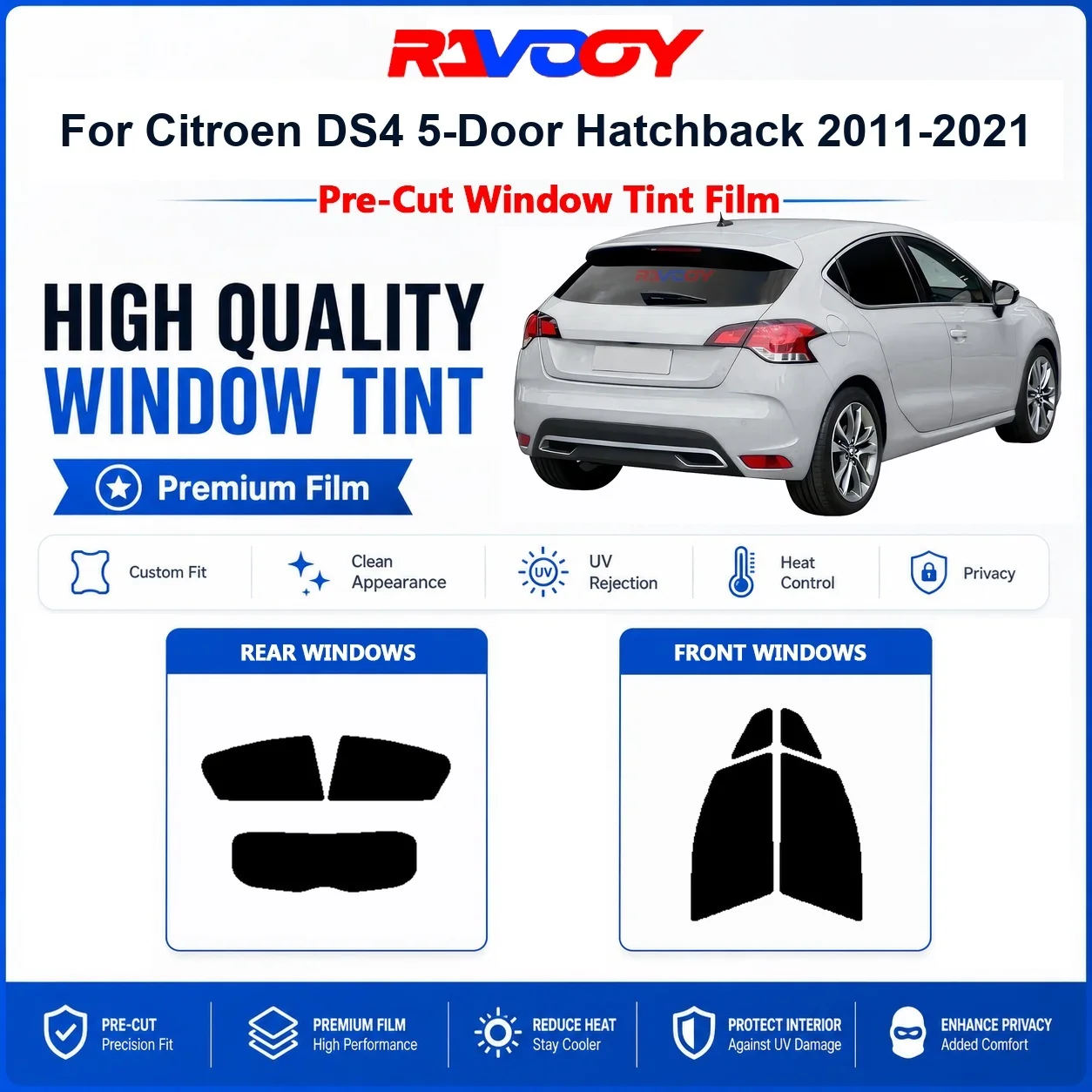 Premium Pre-Cut Window Tint For Citroen DS4 5-Door Hatchback 2011-2021 Front & Rear Windows UV Heat Rejection Privacy Film