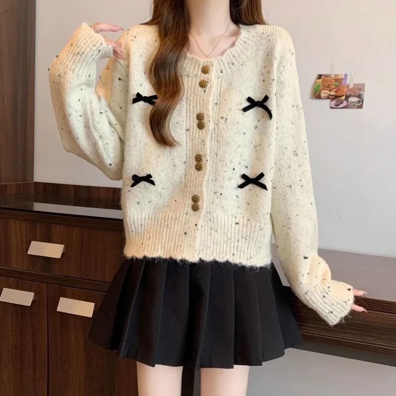 Coreano outono doce vento arco malha cardigan feminino de alta qualidade macio ceroso retro cor ponto camisola de malha casaco senhoras solto fino topo