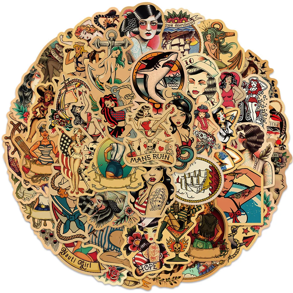 10/30/50pcs Vintage Old School Tattoo Style Stickers Decal DIY Stationery Laptop Notebook Car Sexy Girl Cartoon Graffiti Sticker