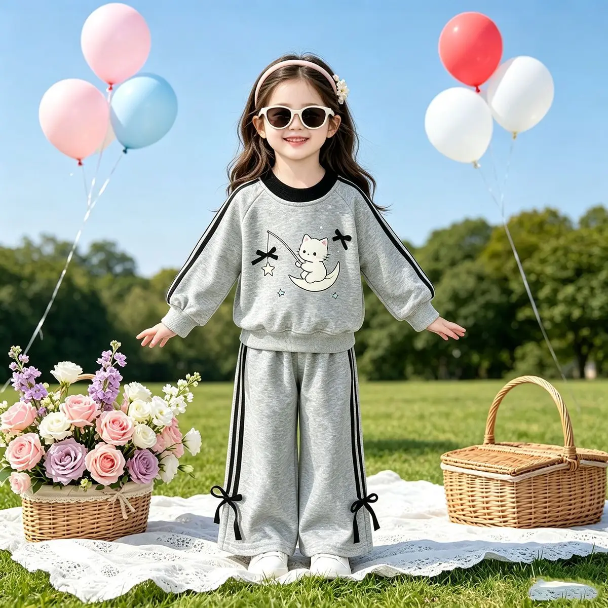 Mädchen-Sweatshirt mit Schleifendetail und Cartoon-Katze & Weite Hose – Süßes 2-teiliges Herbst-Set für Babys – Detail 3