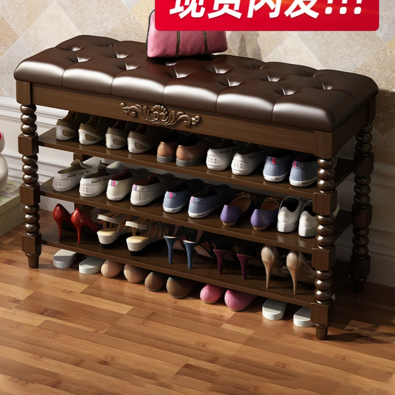 Solid wood shoe rack, simple door, household multi-layer, sitting shoe cabinet  storage and dustproof